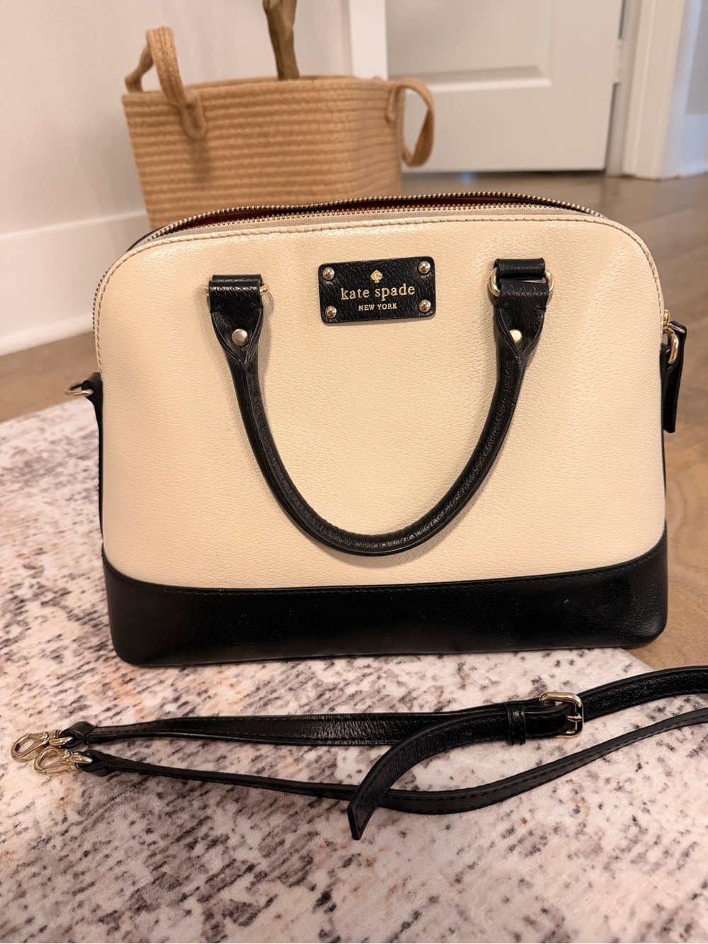 kate spade Two-Tone Cream and Black Dome Satchel with Crossbody Strap